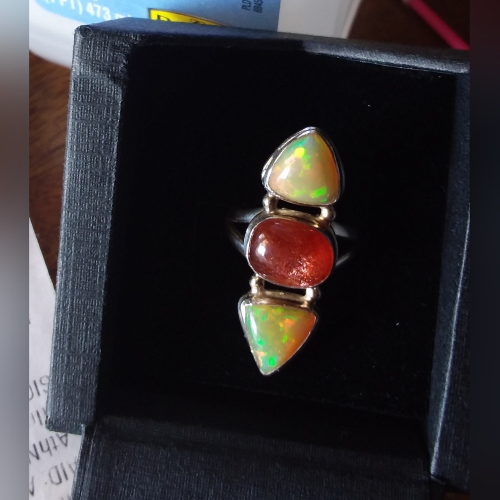 Opal and sunstone stacker ring size 7